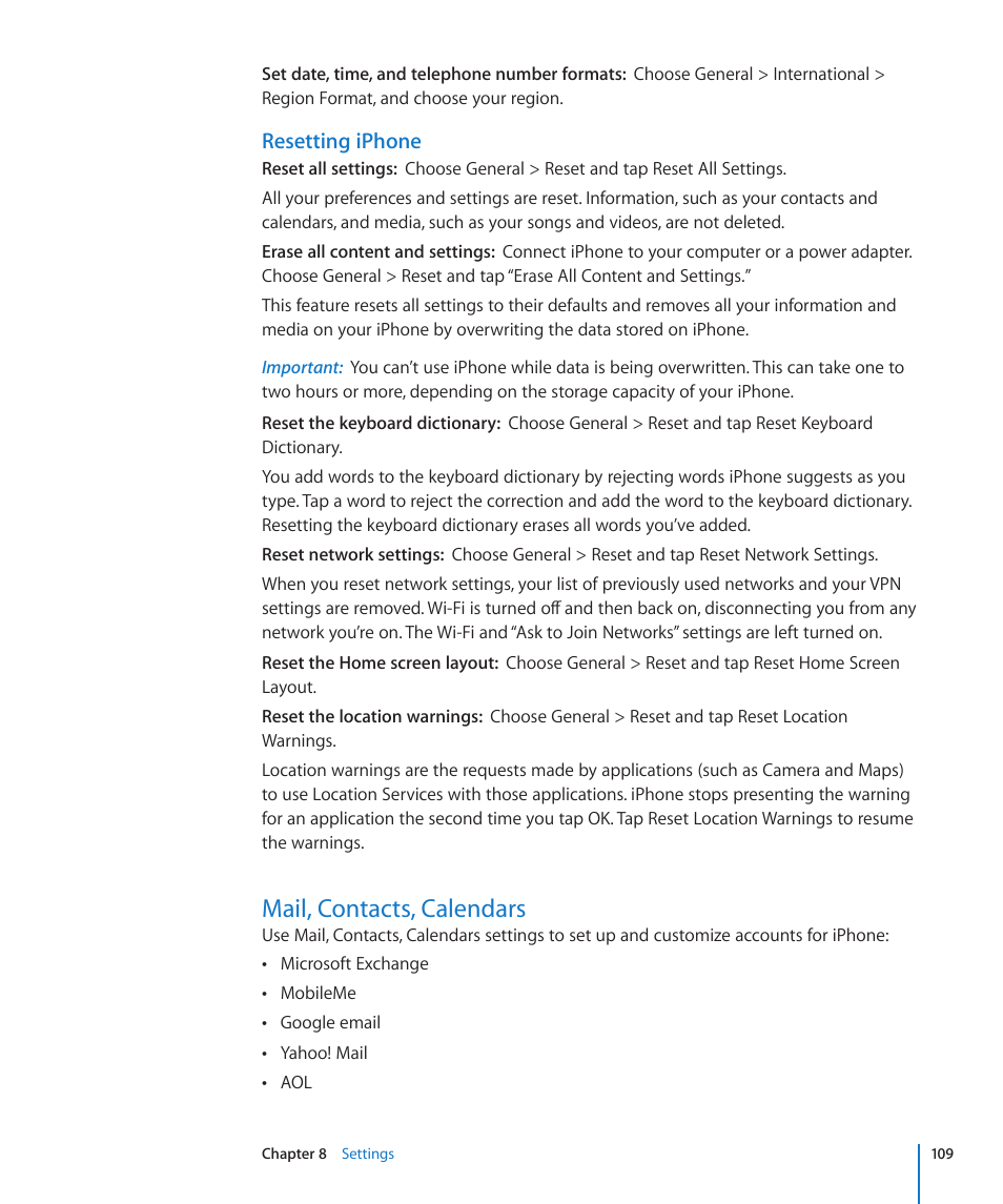 Mail, contacts, calendars, 109 mail, contacts, calendars, Resetting iphone | Apple iPhone/iPhone 3G (User manual) User Manual | Page 109 / 154