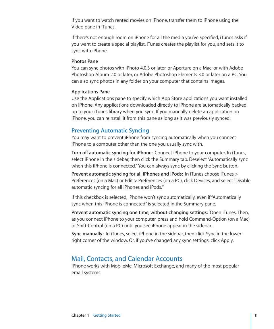 Mail, contacts, and calendar accounts, Preventing automatic syncing | Apple iPhone/iPhone 3G (User manual) User Manual | Page 11 / 154
