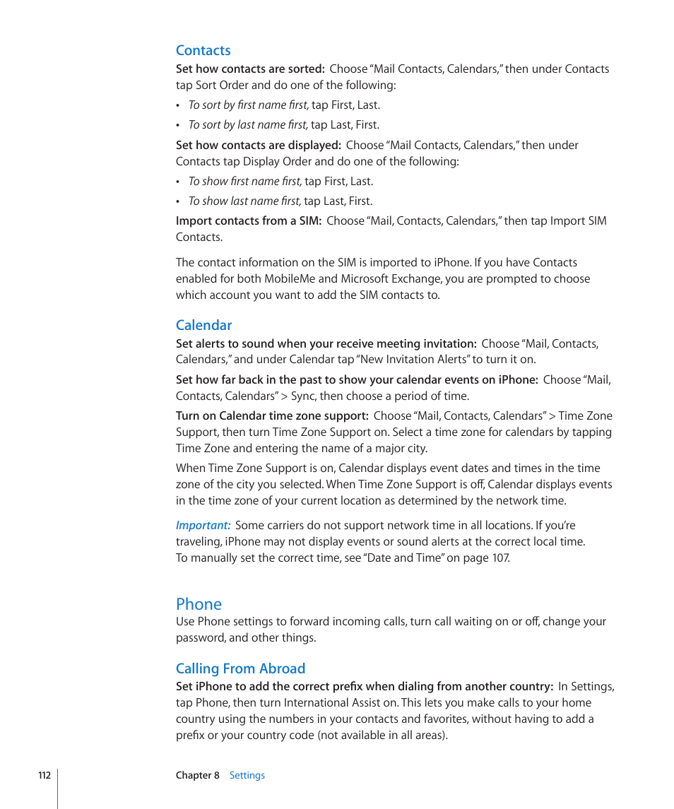 Phone, 112 phone, Contacts | Calendar, Calling from abroad | Apple iPhone/iPhone 3G (User manual) User Manual | Page 112 / 154