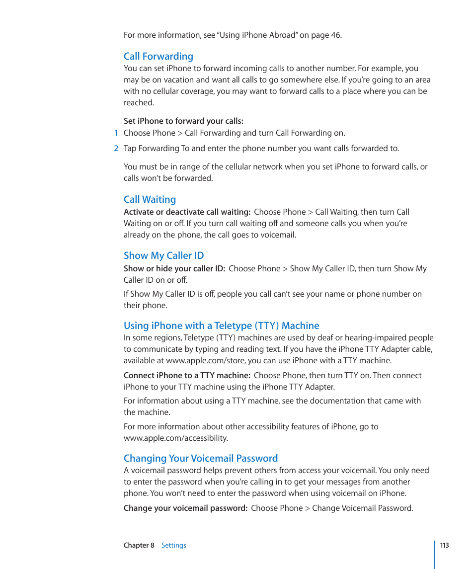 Call forwarding, Call waiting, Show my caller id | Using iphone with a teletype (tty) machine, Changing your voicemail password | Apple iPhone/iPhone 3G (User manual) User Manual | Page 113 / 154