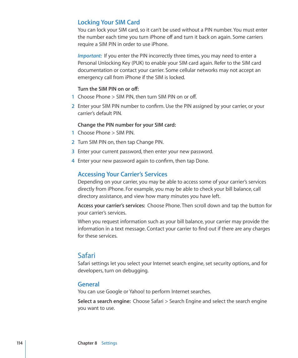 Safari, 114 safari, Locking your sim card | Accessing your carrier’s services, General | Apple iPhone/iPhone 3G (User manual) User Manual | Page 114 / 154