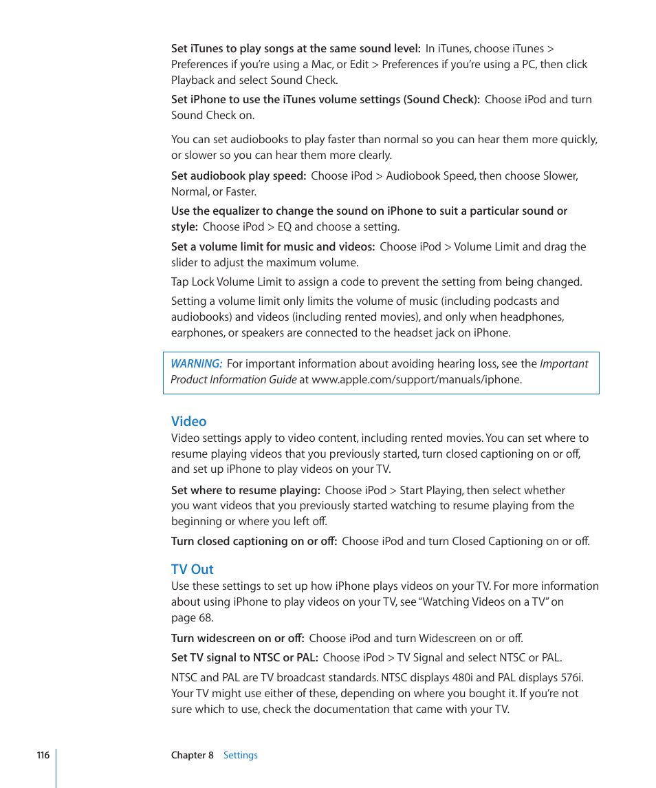 Video, Tv out | Apple iPhone/iPhone 3G (User manual) User Manual | Page 116 / 154