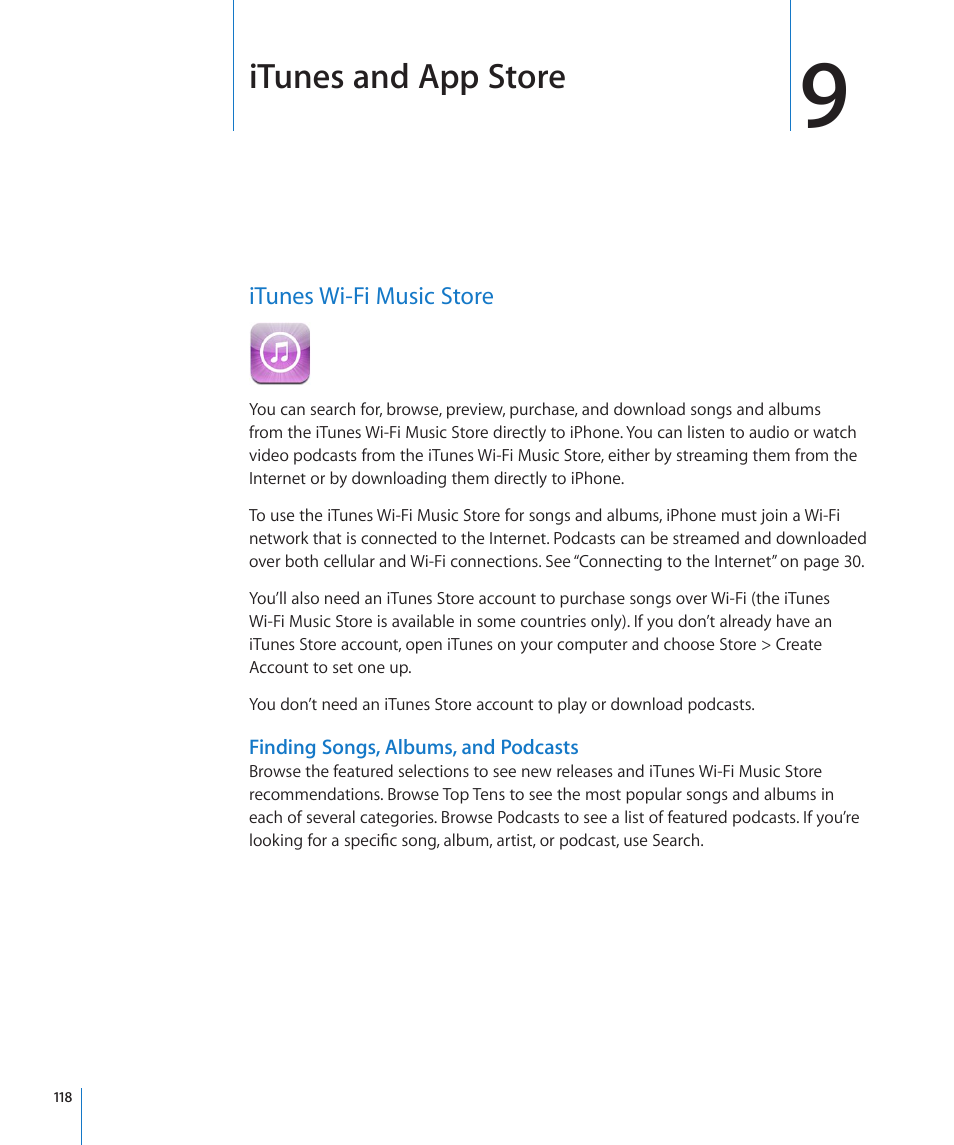 Chapter 9: itunes and app store, Itunes wi-fi music store, 118 itunes wi-fi music store | Itunes and app store | Apple iPhone/iPhone 3G (User manual) User Manual | Page 118 / 154