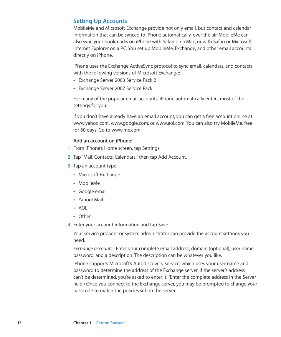 Setting up accounts | Apple iPhone/iPhone 3G (User manual) User Manual | Page 12 / 154