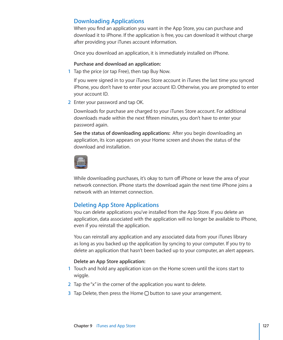 Downloading applications, Deleting app store applications | Apple iPhone/iPhone 3G (User manual) User Manual | Page 127 / 154