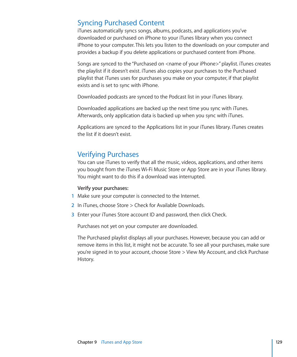 Syncing purchased content, Verifying purchases | Apple iPhone/iPhone 3G (User manual) User Manual | Page 129 / 154