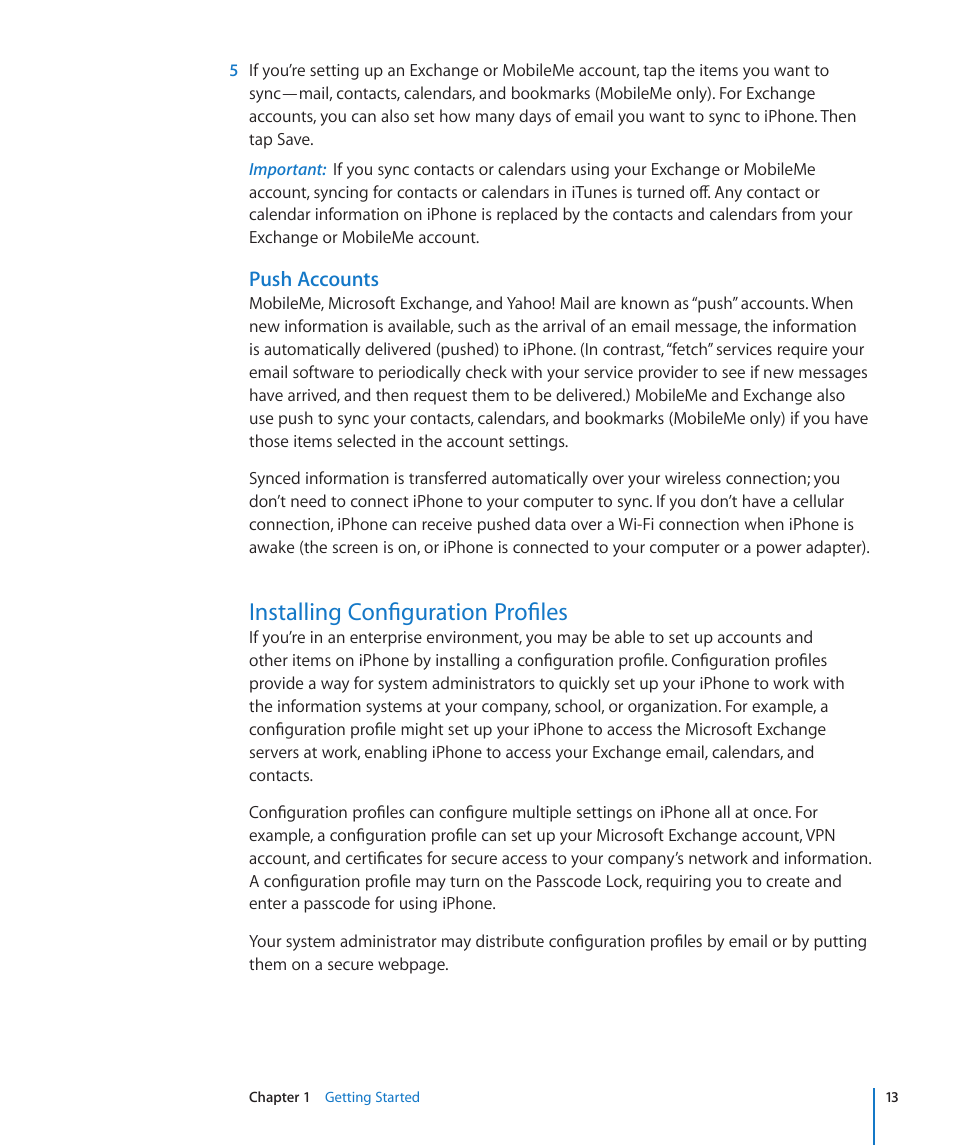Installing configuration profiles, Push accounts | Apple iPhone/iPhone 3G (User manual) User Manual | Page 13 / 154