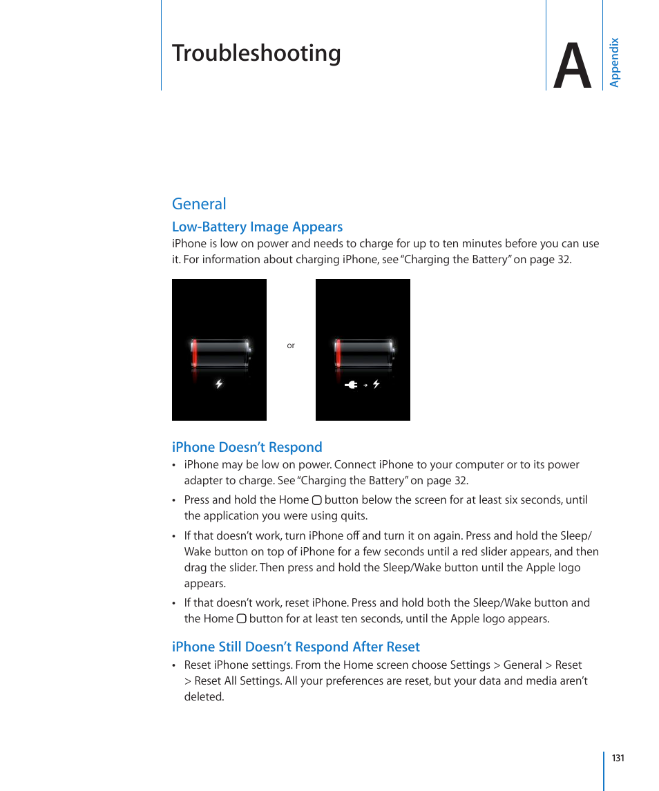 Appendix a: troubleshooting, General, Appendix a: troubleshooting | 131 general, Troubleshooting | Apple iPhone/iPhone 3G (User manual) User Manual | Page 131 / 154