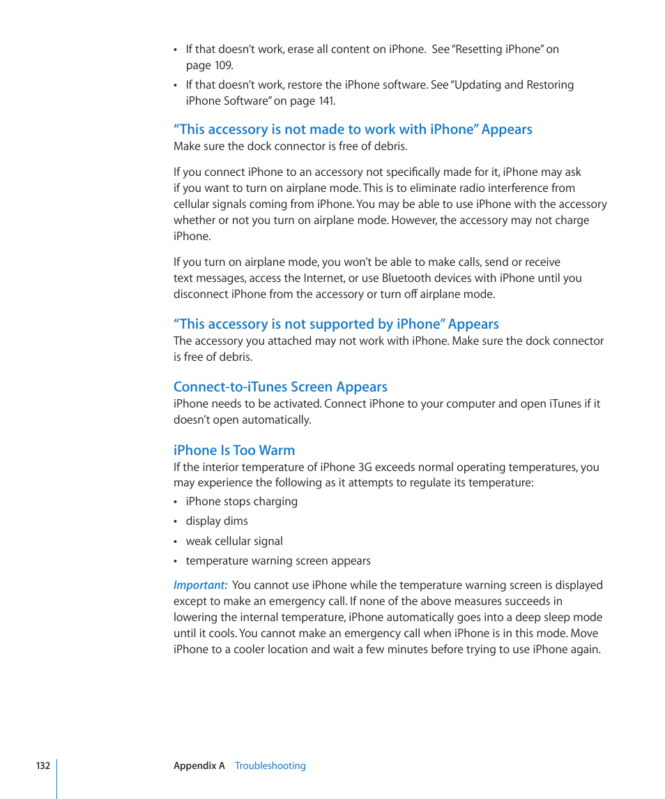 This accessory is not supported by iphone” appears, Connect-to-itunes screen appears, Iphone is too warm | Apple iPhone/iPhone 3G (User manual) User Manual | Page 132 / 154