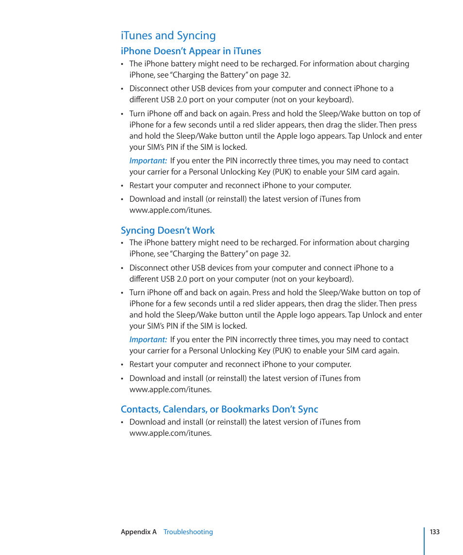 Itunes and syncing, 133 itunes and syncing, Iphone doesn’t appear in itunes | Syncing doesn’t work, Contacts, calendars, or bookmarks don’t sync | Apple iPhone/iPhone 3G (User manual) User Manual | Page 133 / 154