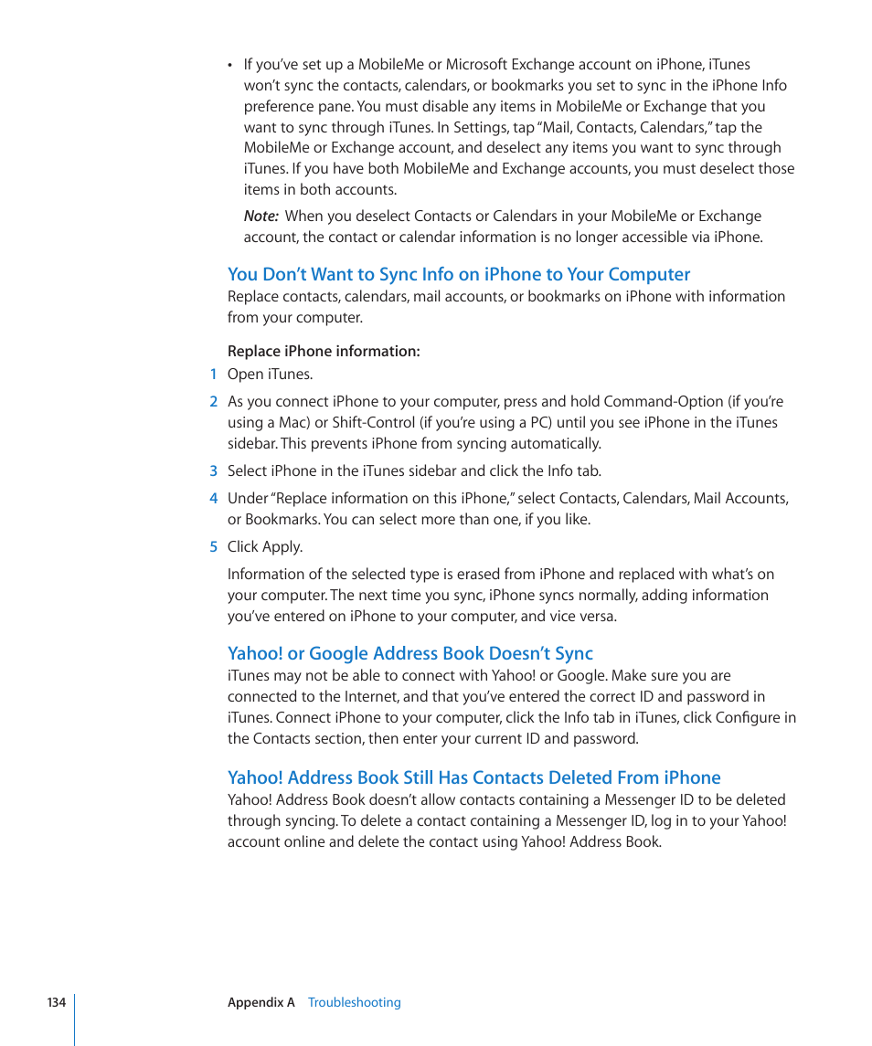 Yahoo! or google address book doesn’t sync | Apple iPhone/iPhone 3G (User manual) User Manual | Page 134 / 154