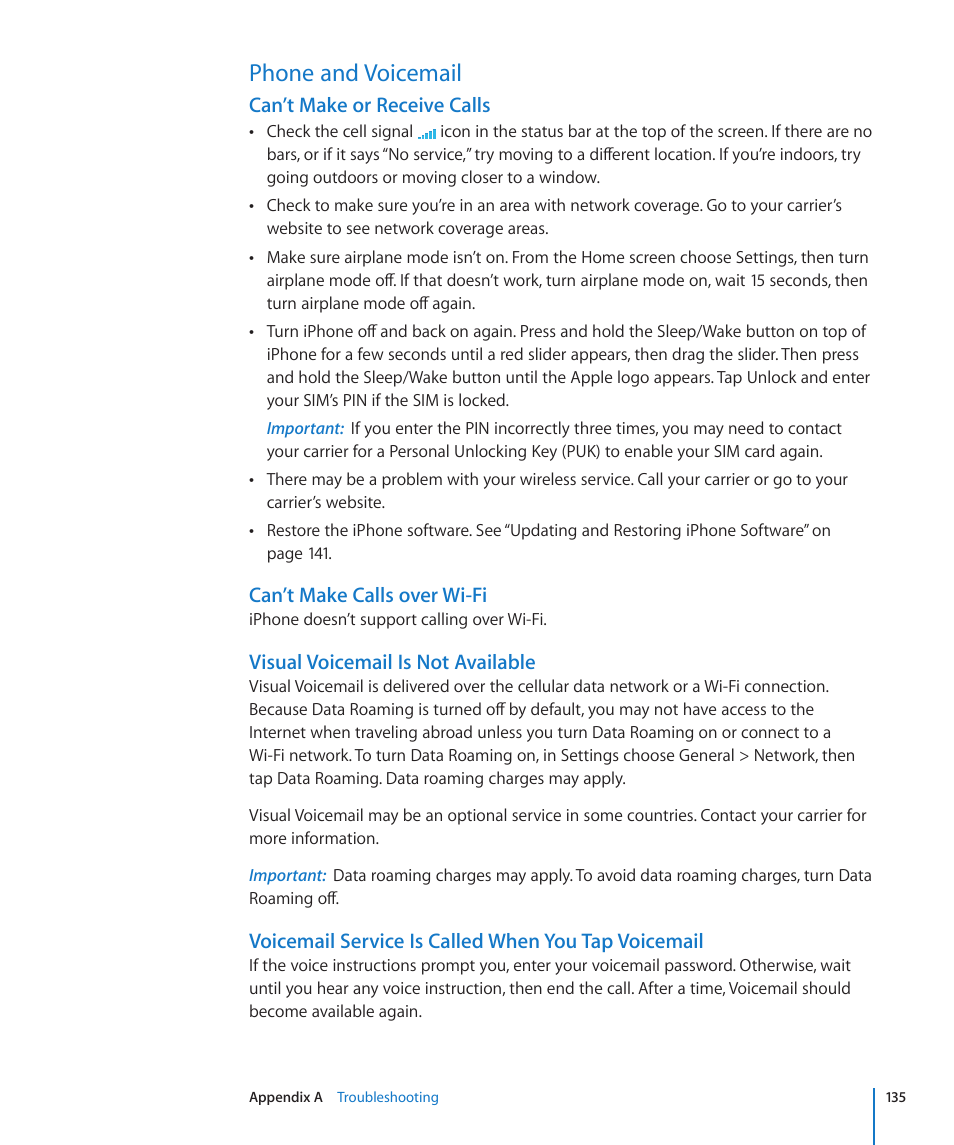 Phone and voicemail, 135 phone and voicemail, Can’t make or receive calls | Can’t make calls over wi-fi, Visual voicemail is not available, Voicemail service is called when you tap voicemail | Apple iPhone/iPhone 3G (User manual) User Manual | Page 135 / 154