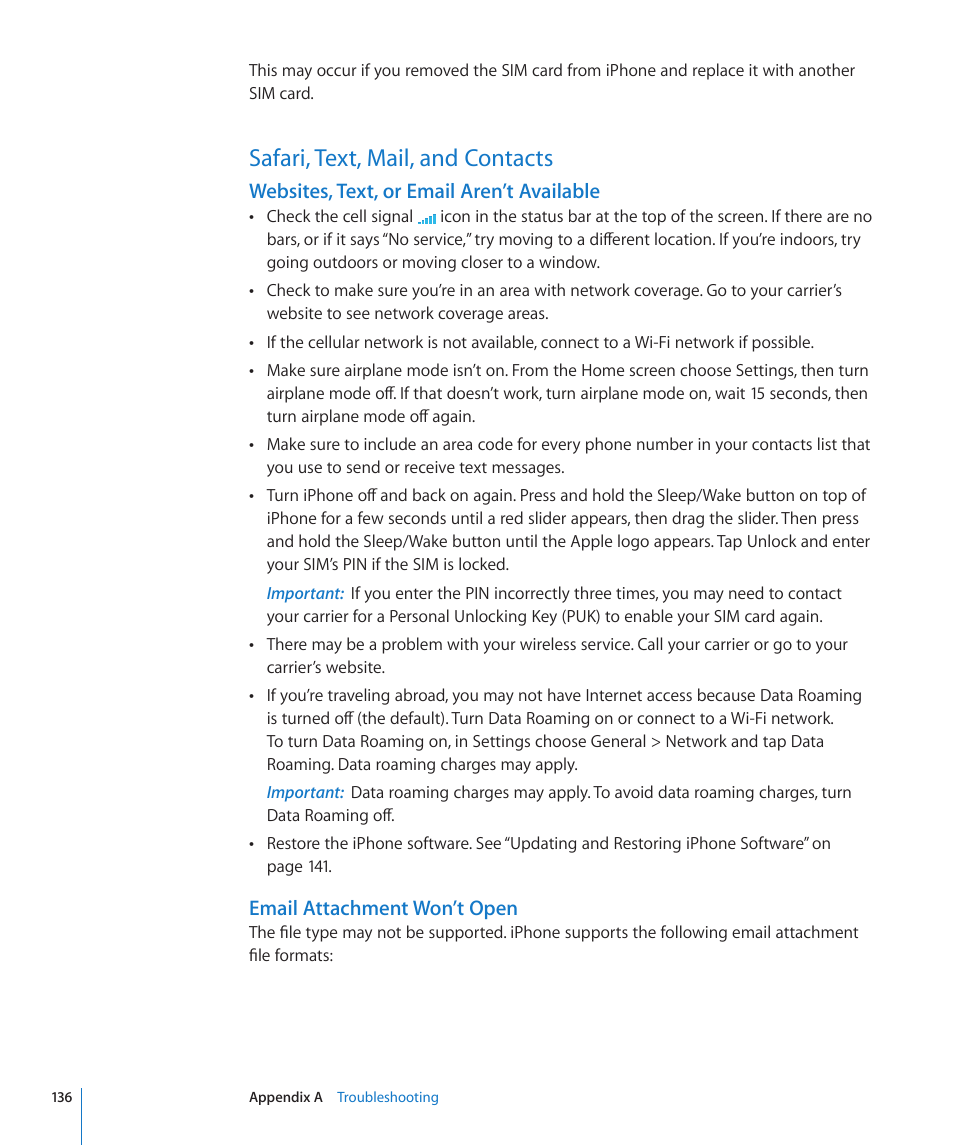 Safari, text, mail, and contacts, 136 safari, text, mail, and contacts, Websites, text, or email aren’t available | Email attachment won’t open | Apple iPhone/iPhone 3G (User manual) User Manual | Page 136 / 154