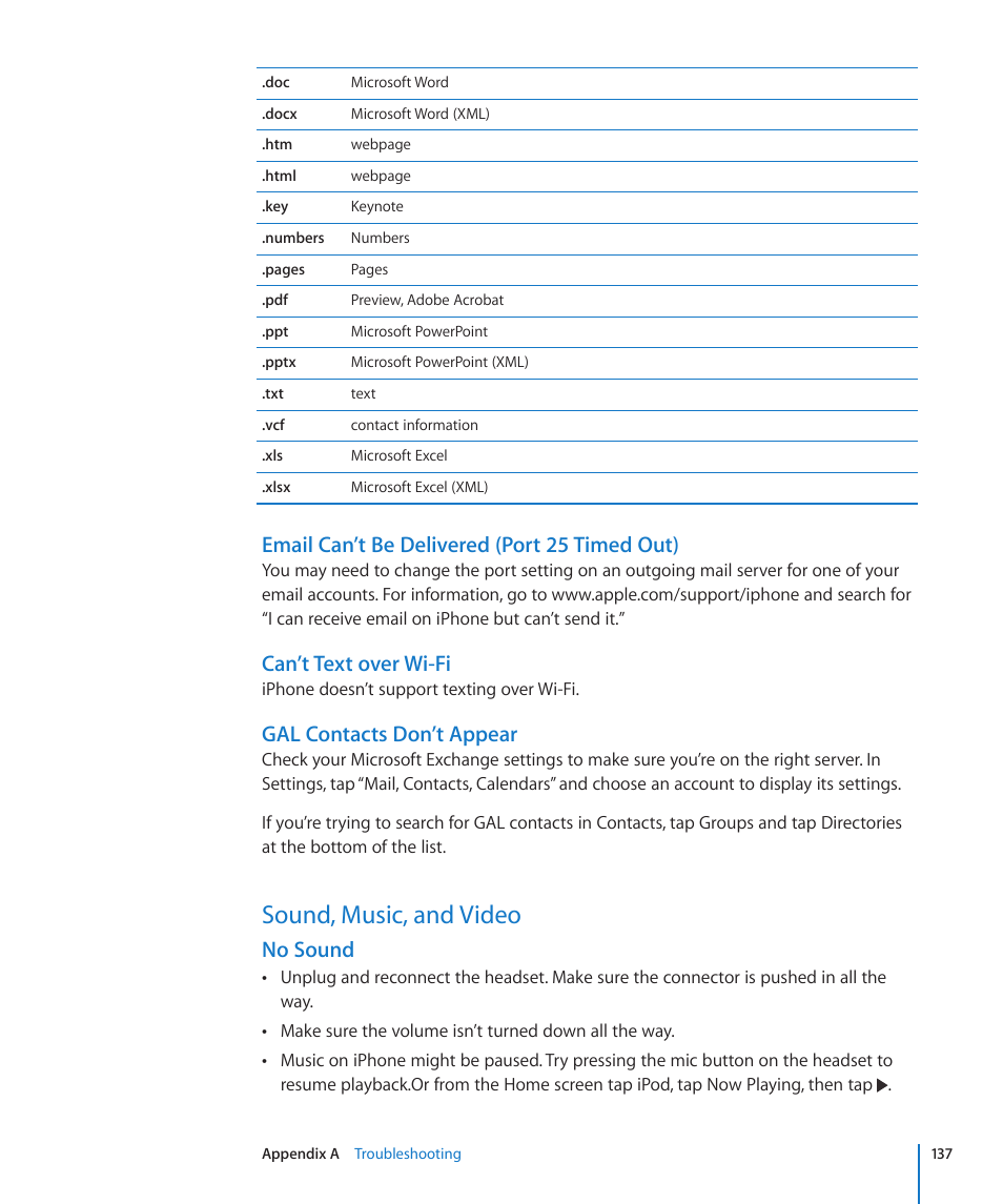 Sound, music, and video, 137 sound, music, and video, Email can’t be delivered (port 25 timed out) | Can’t text over wi-fi, Gal contacts don’t appear, No sound | Apple iPhone/iPhone 3G (User manual) User Manual | Page 137 / 154