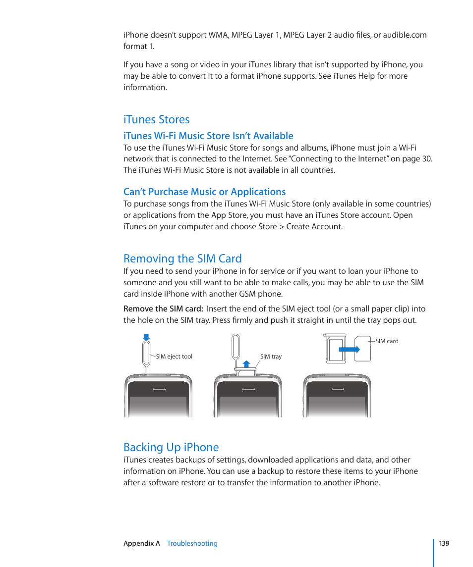 Itunes stores, Removing the sim card, Backing up iphone | Itunes wi-fi music store isn’t available, Can’t purchase music or applications | Apple iPhone/iPhone 3G (User manual) User Manual | Page 139 / 154