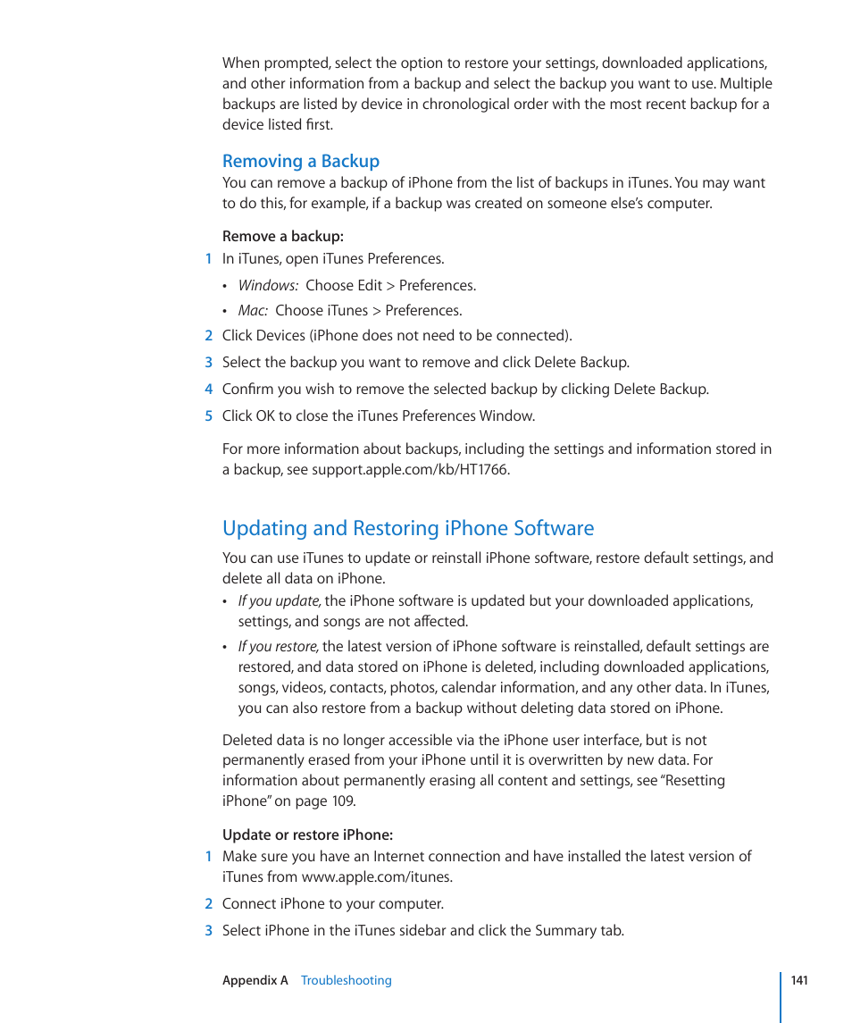 Updating and restoring iphone software, 141 updating and restoring iphone software, Updating and restoring | Iphone software, Removing a backup | Apple iPhone/iPhone 3G (User manual) User Manual | Page 141 / 154