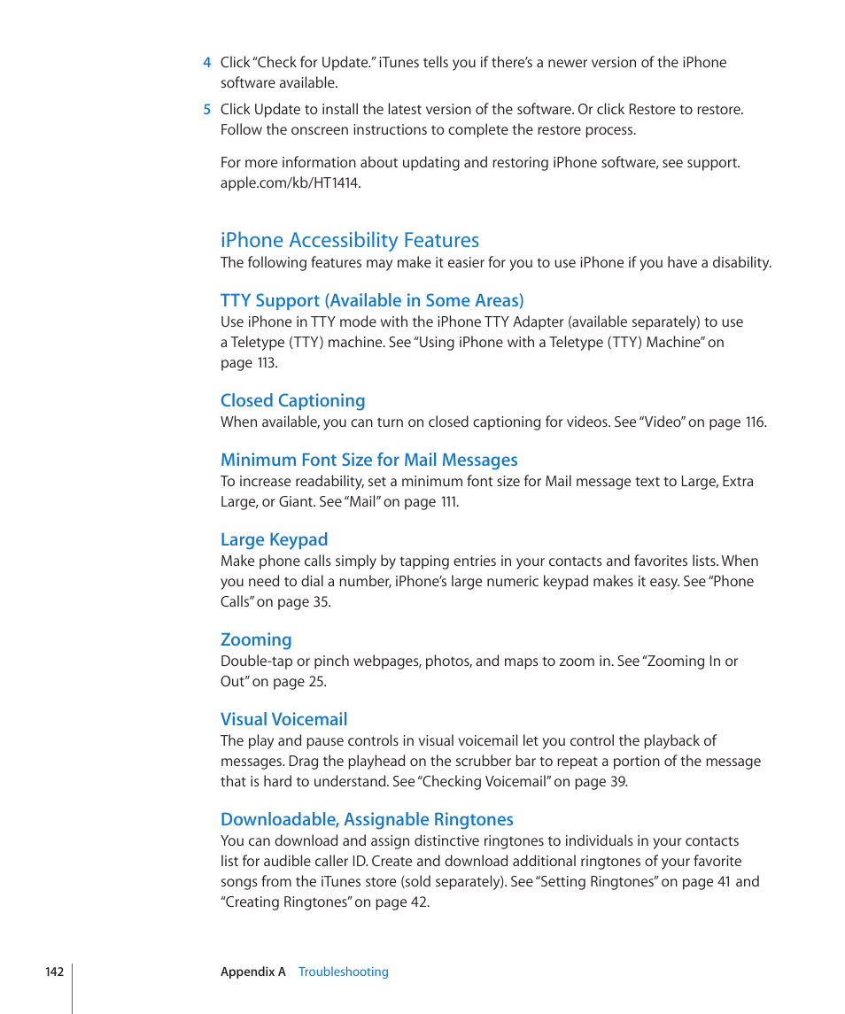 Iphone accessibility features, 142 iphone accessibility features | Apple iPhone/iPhone 3G (User manual) User Manual | Page 142 / 154