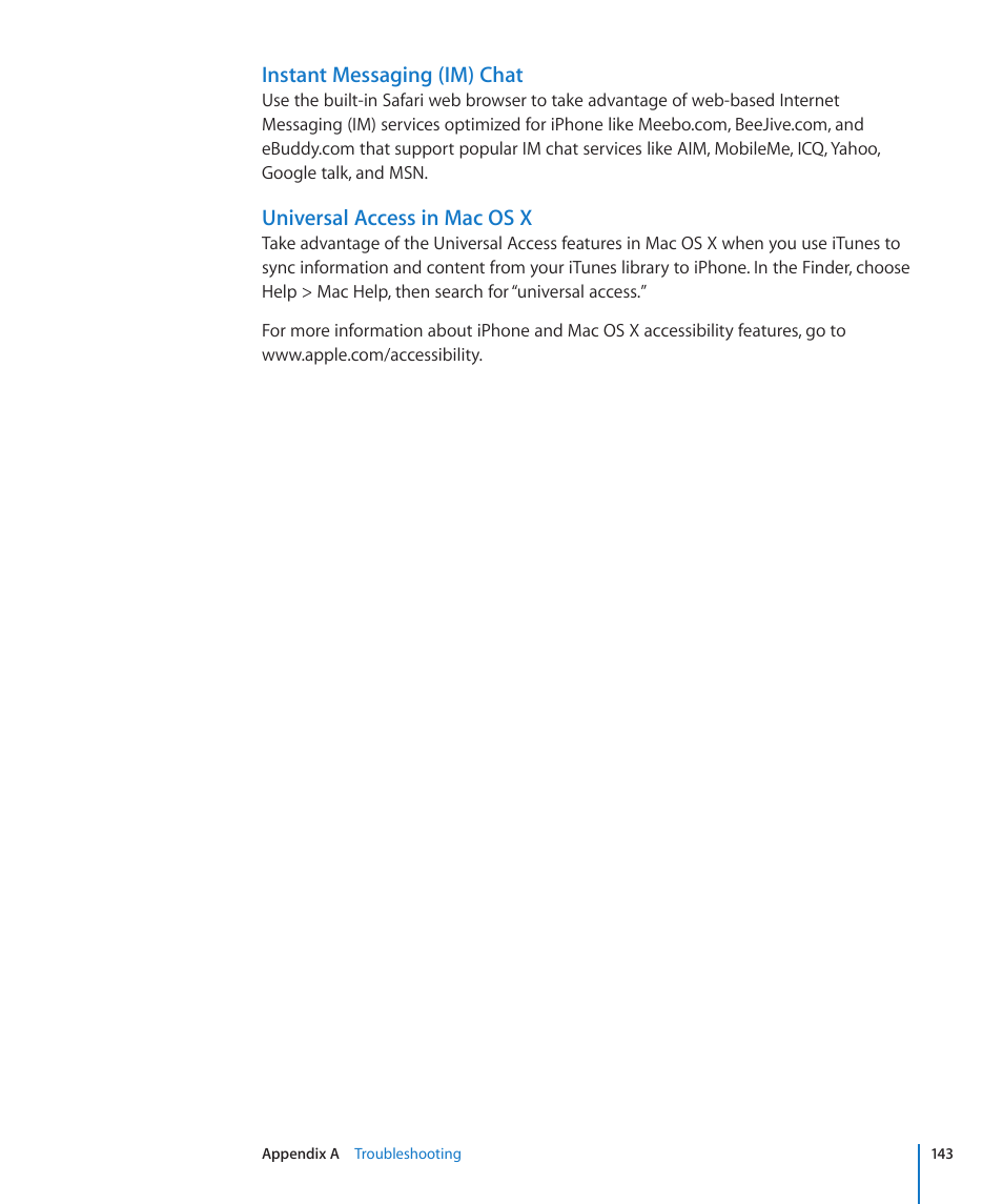 Instant messaging (im) chat, Universal access in mac os x | Apple iPhone/iPhone 3G (User manual) User Manual | Page 143 / 154
