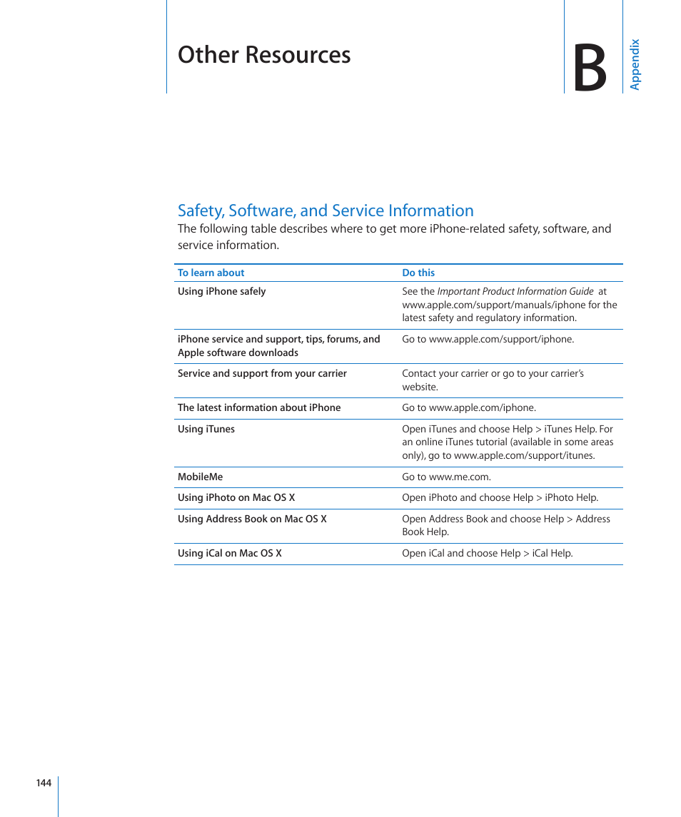 Appendix b: other resources, Safety, software, and service information, Appendix b: other resources | 144 safety, software, and service information, Other resources | Apple iPhone/iPhone 3G (User manual) User Manual | Page 144 / 154