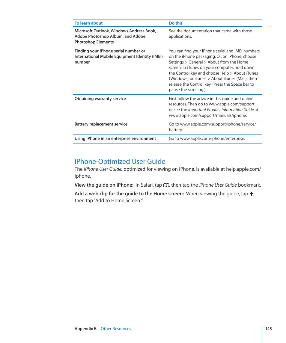 Iphone-optimized user guide, 145 iphone-optimized user guide | Apple iPhone/iPhone 3G (User manual) User Manual | Page 145 / 154