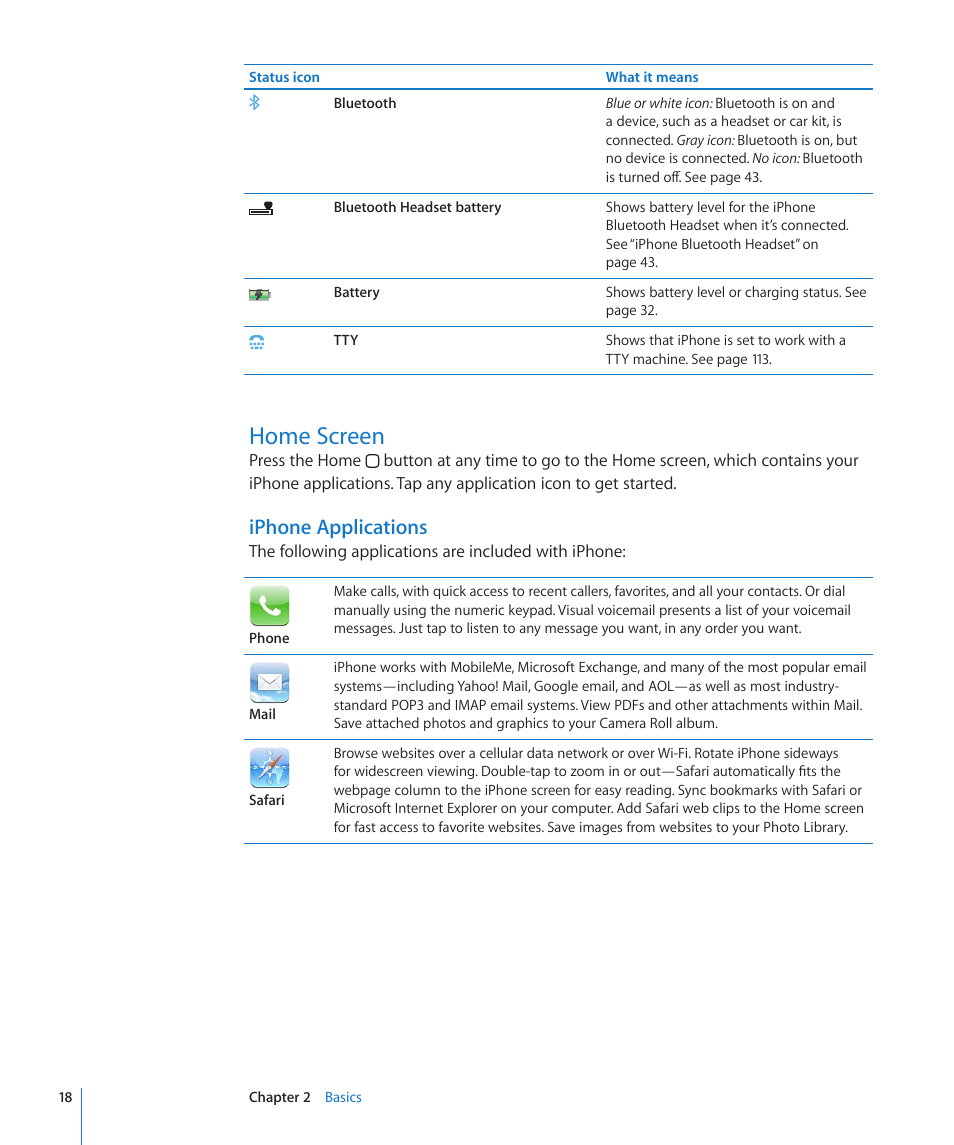 Home screen, Iphone applications | Apple iPhone/iPhone 3G (User manual) User Manual | Page 18 / 154