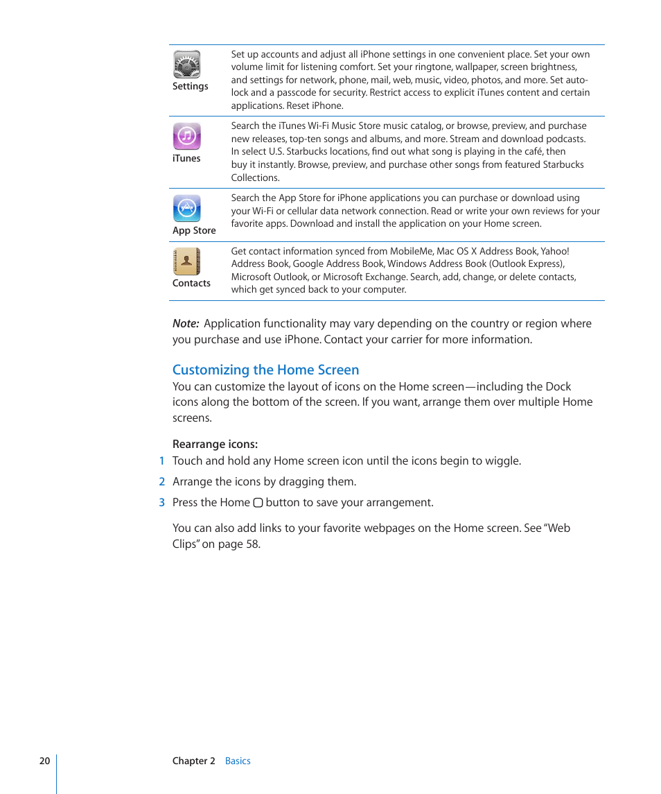 Customizing the home screen | Apple iPhone/iPhone 3G (User manual) User Manual | Page 20 / 154