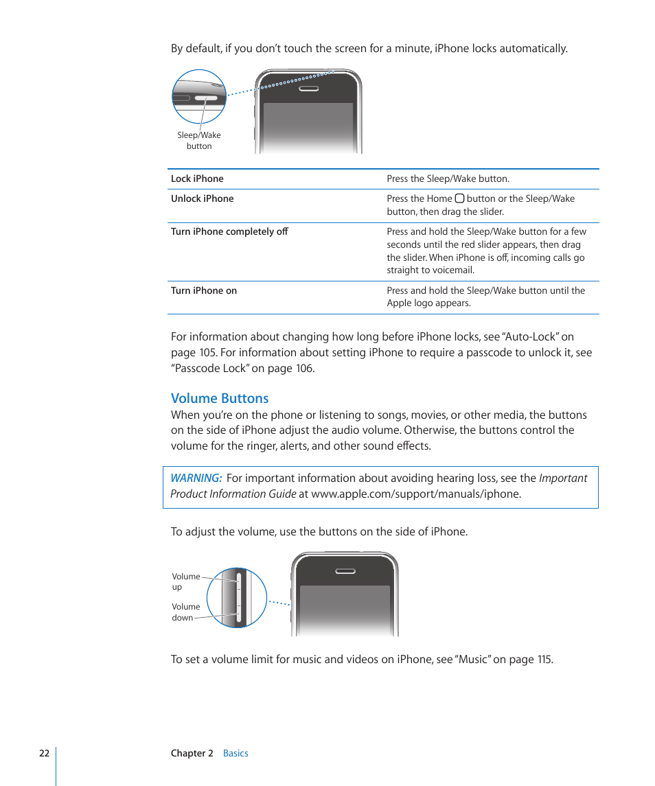 Volume buttons | Apple iPhone/iPhone 3G (User manual) User Manual | Page 22 / 154