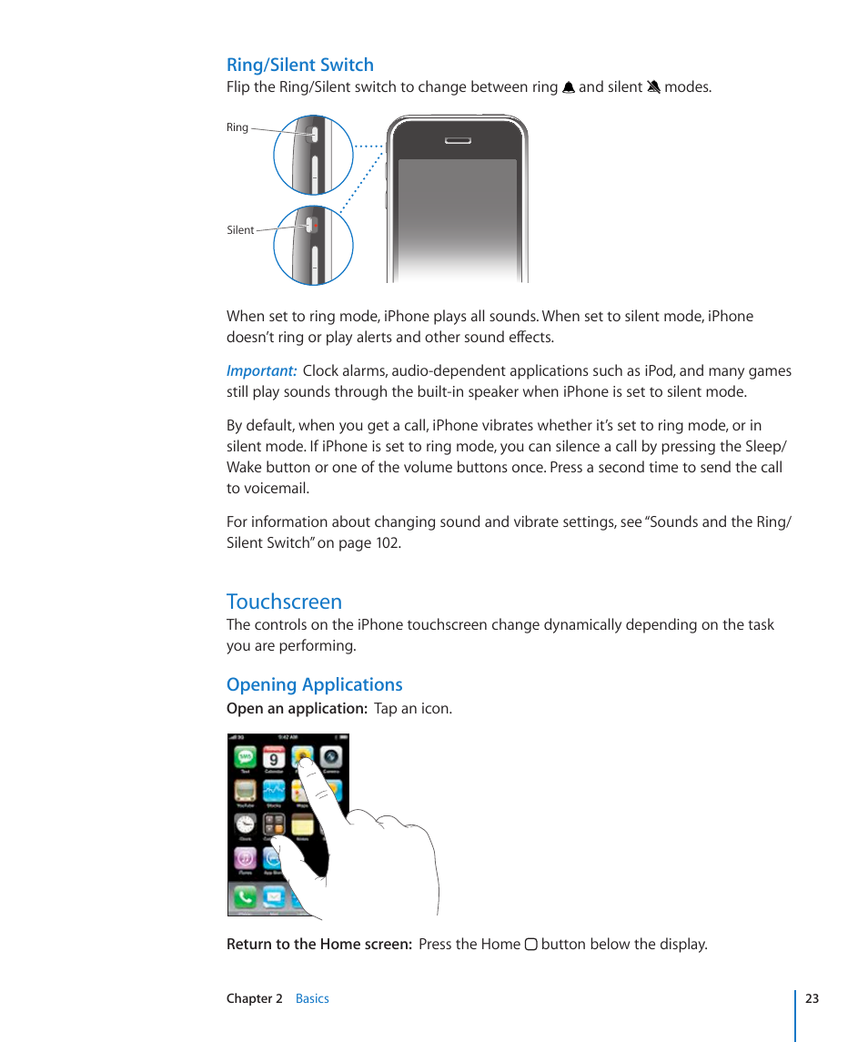 Touchscreen, Ring/silent switch, Opening applications | Apple iPhone/iPhone 3G (User manual) User Manual | Page 23 / 154