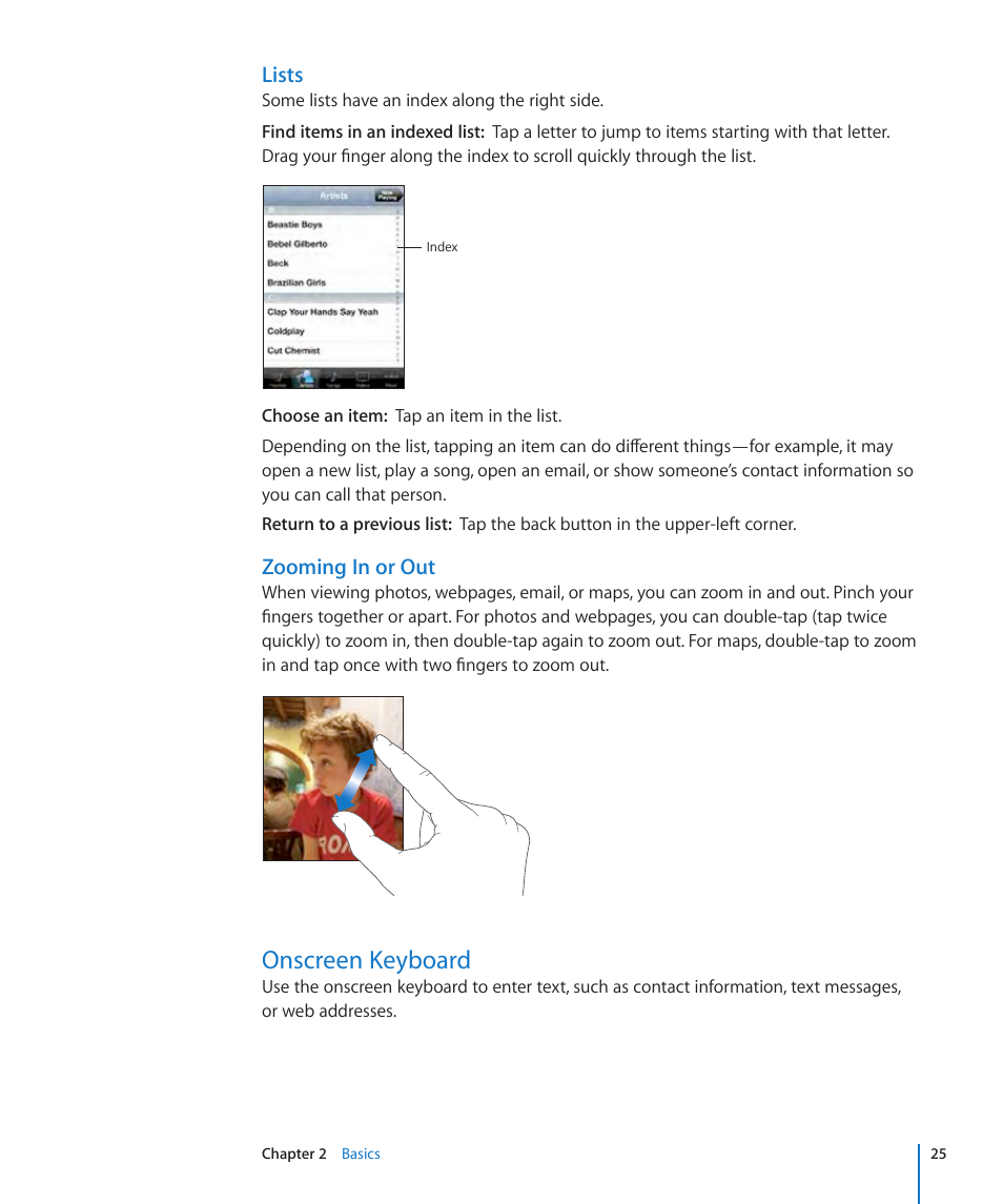 Onscreen keyboard, Lists, Zooming in or out | Apple iPhone/iPhone 3G (User manual) User Manual | Page 25 / 154