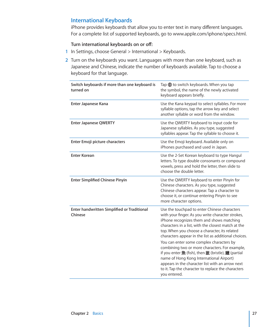 International keyboards | Apple iPhone/iPhone 3G (User manual) User Manual | Page 27 / 154