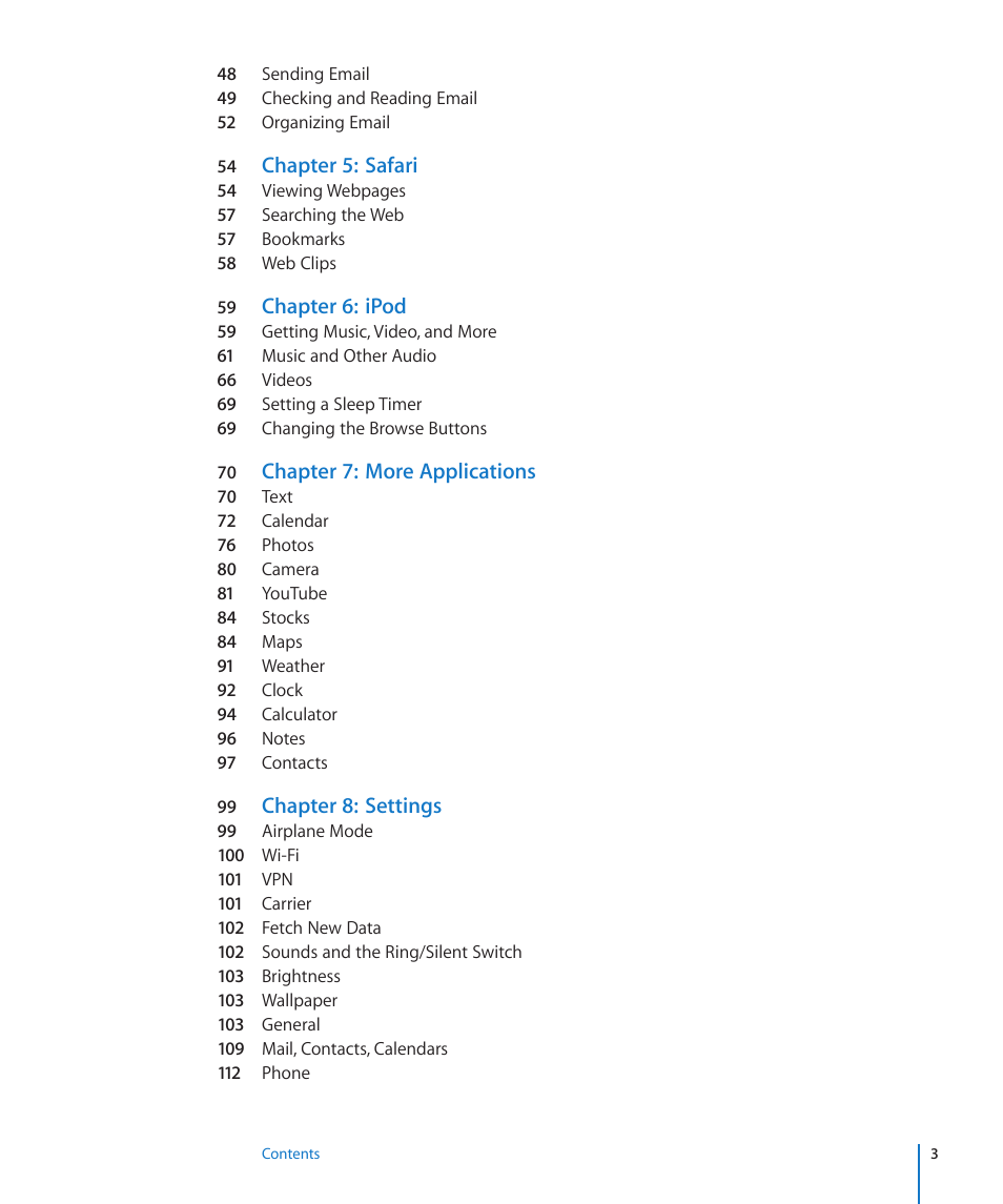 Chapter 5: safari, Chapter 6: ipod, Chapter 7: more applications | Chapter 8: settings | Apple iPhone/iPhone 3G (User manual) User Manual | Page 3 / 154