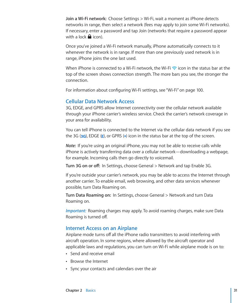 Cellular data network access, Internet access on an airplane | Apple iPhone/iPhone 3G (User manual) User Manual | Page 31 / 154