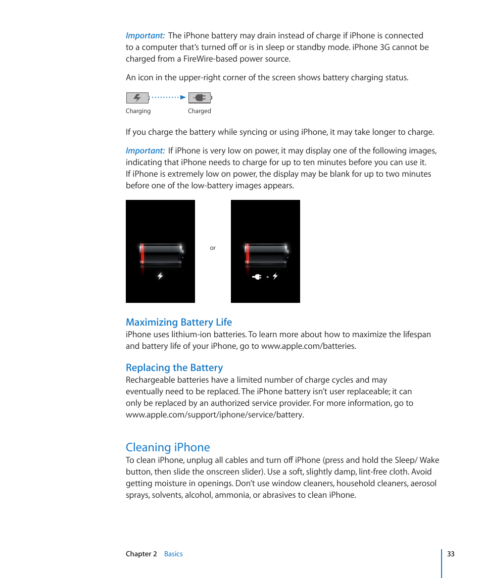 Cleaning iphone, Maximizing battery life, Replacing the battery | Apple iPhone/iPhone 3G (User manual) User Manual | Page 33 / 154