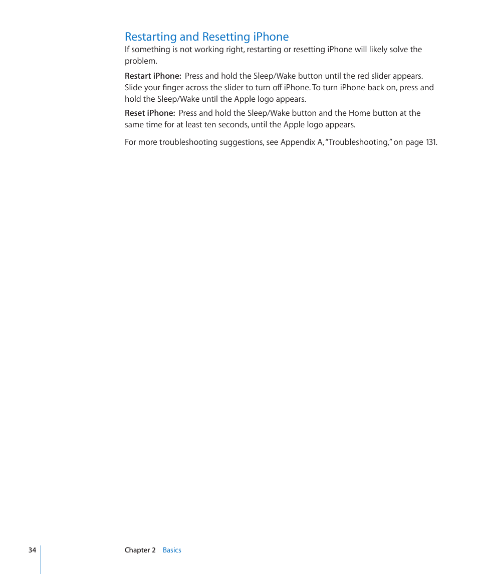Restarting and resetting iphone | Apple iPhone/iPhone 3G (User manual) User Manual | Page 34 / 154