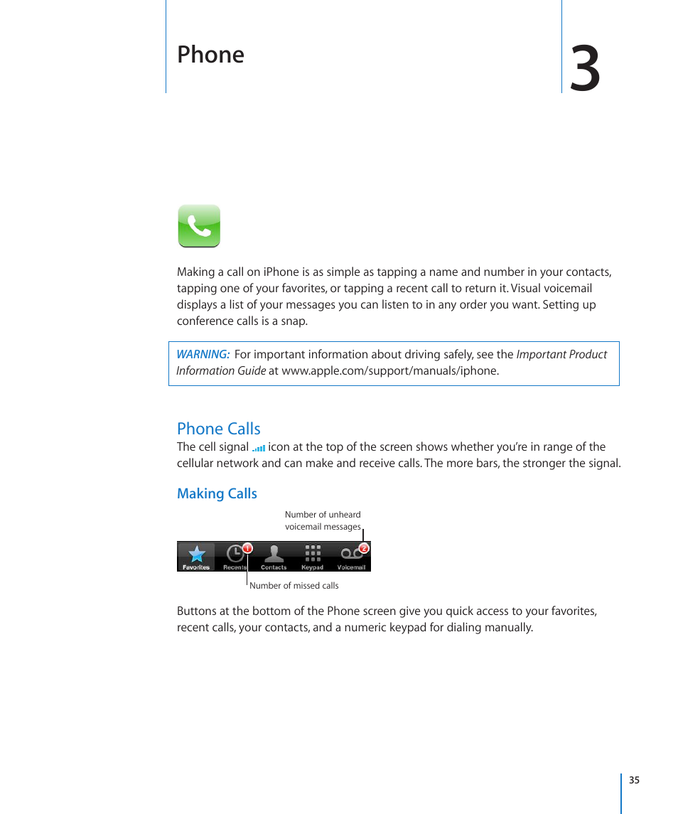 Chapter 3: phone, Phone calls, Phone | Apple iPhone/iPhone 3G (User manual) User Manual | Page 35 / 154