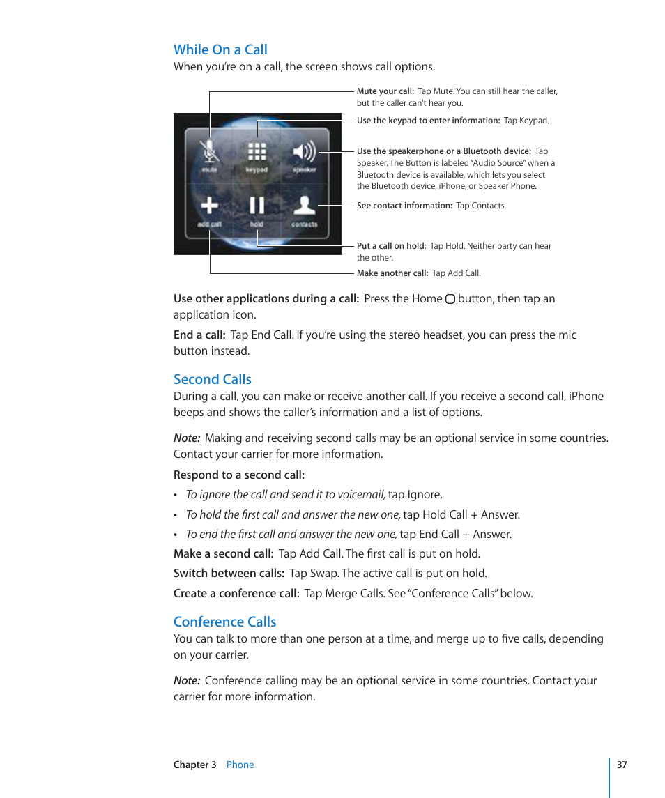 While on a call, Second calls, Conference calls | Apple iPhone/iPhone 3G (User manual) User Manual | Page 37 / 154