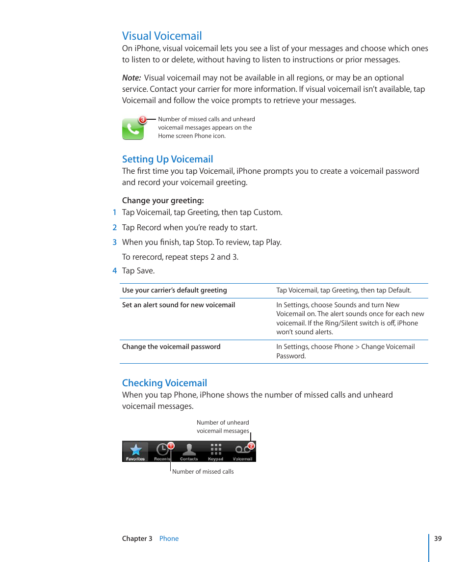 Visual voicemail, Setting up voicemail, Checking voicemail | Apple iPhone/iPhone 3G (User manual) User Manual | Page 39 / 154