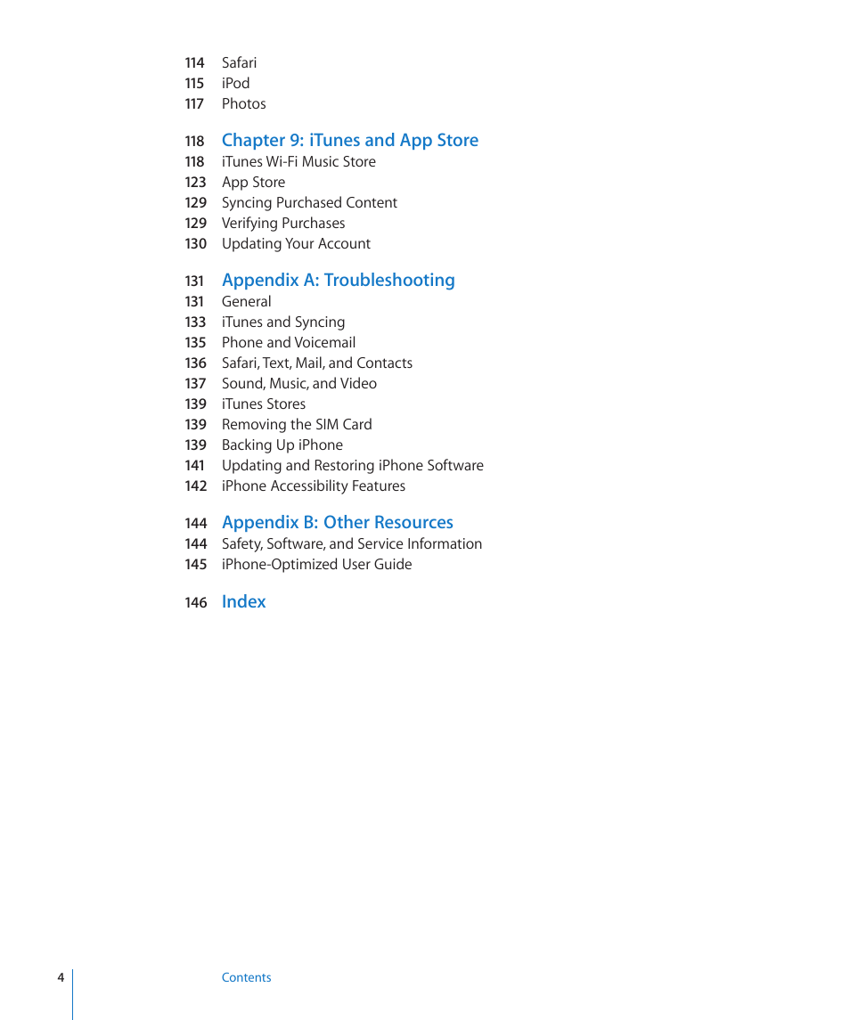 Chapter 9: itunes and app store, Appendix a: troubleshooting, Appendix b: other resources | Index | Apple iPhone/iPhone 3G (User manual) User Manual | Page 4 / 154