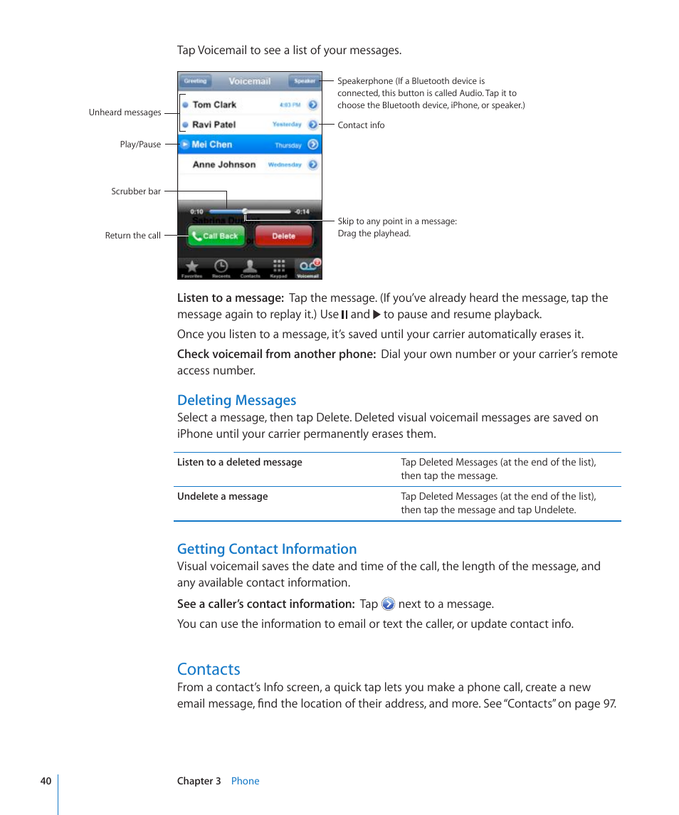 Contacts, Deleting messages, Getting contact information | Apple iPhone/iPhone 3G (User manual) User Manual | Page 40 / 154