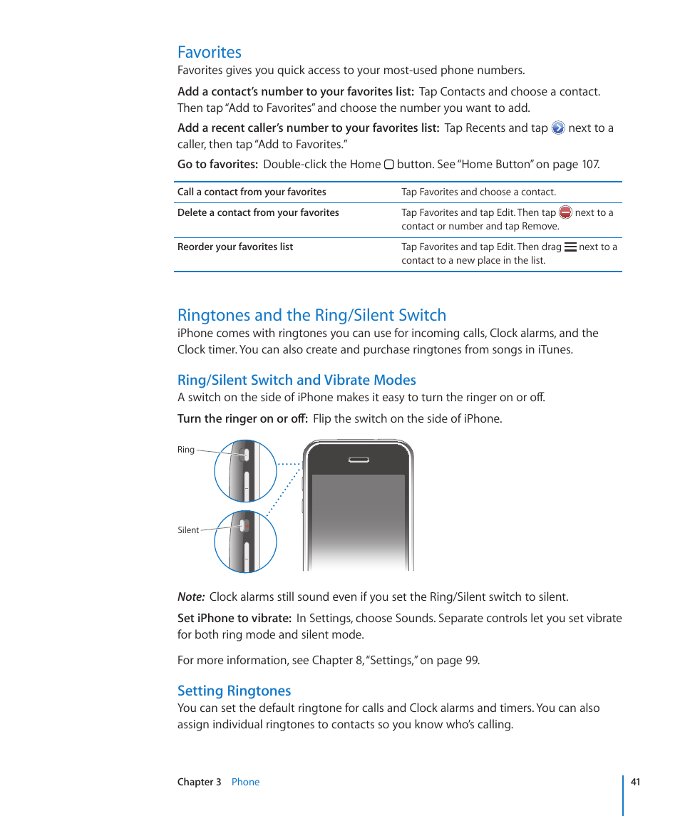 Favorites, Ringtones and the ring/silent switch, Ring/silent switch and vibrate modes | Setting ringtones | Apple iPhone/iPhone 3G (User manual) User Manual | Page 41 / 154