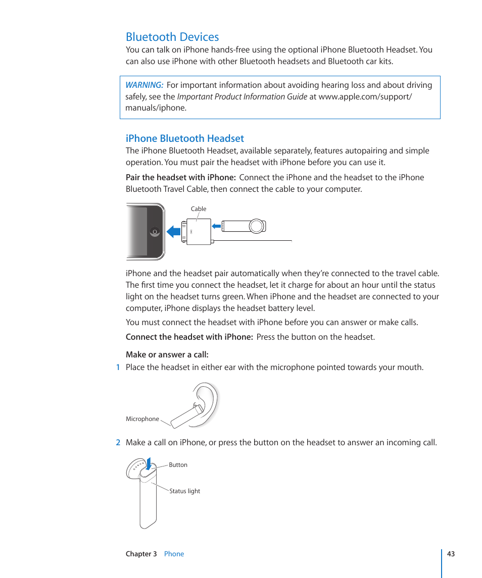 Bluetooth devices, Iphone bluetooth headset | Apple iPhone/iPhone 3G (User manual) User Manual | Page 43 / 154