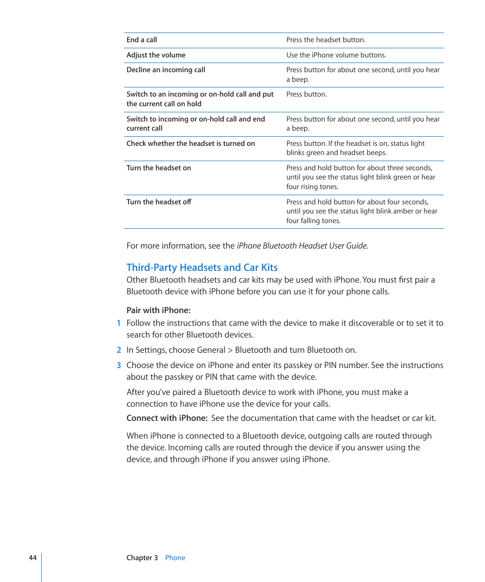 Third-party headsets and car kits | Apple iPhone/iPhone 3G (User manual) User Manual | Page 44 / 154