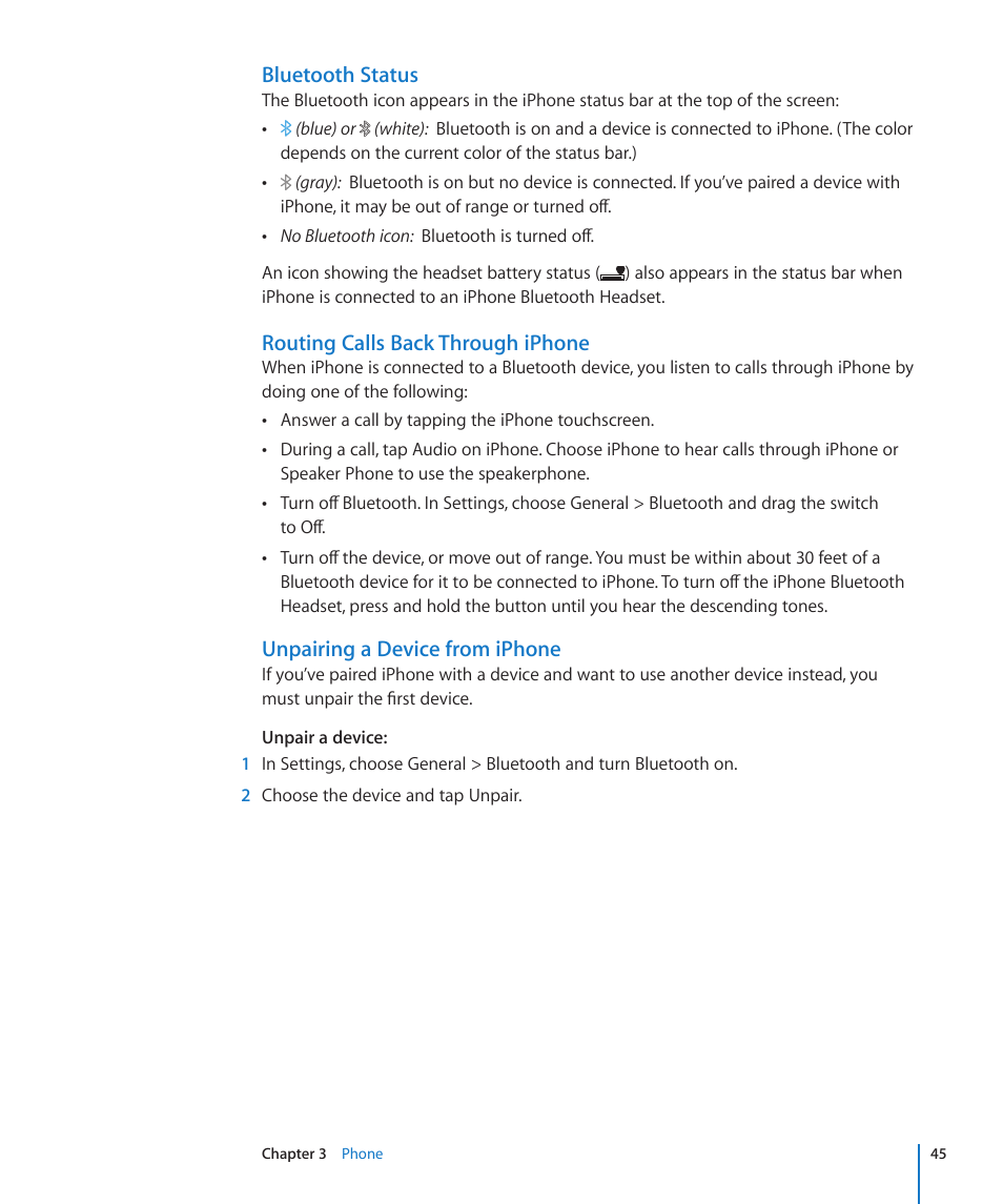 Bluetooth status, Routing calls back through iphone, Unpairing a device from iphone | Apple iPhone/iPhone 3G (User manual) User Manual | Page 45 / 154