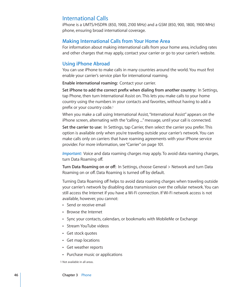 International calls, Making international calls from your home area, Using iphone abroad | Apple iPhone/iPhone 3G (User manual) User Manual | Page 46 / 154