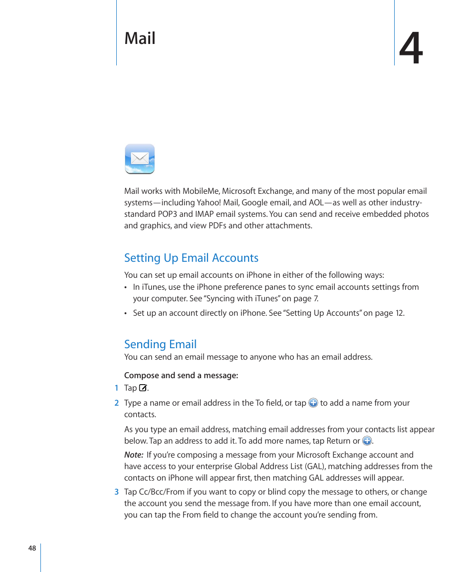 Chapter 4: mail, Setting up email accounts, Sending email | Mail | Apple iPhone/iPhone 3G (User manual) User Manual | Page 48 / 154