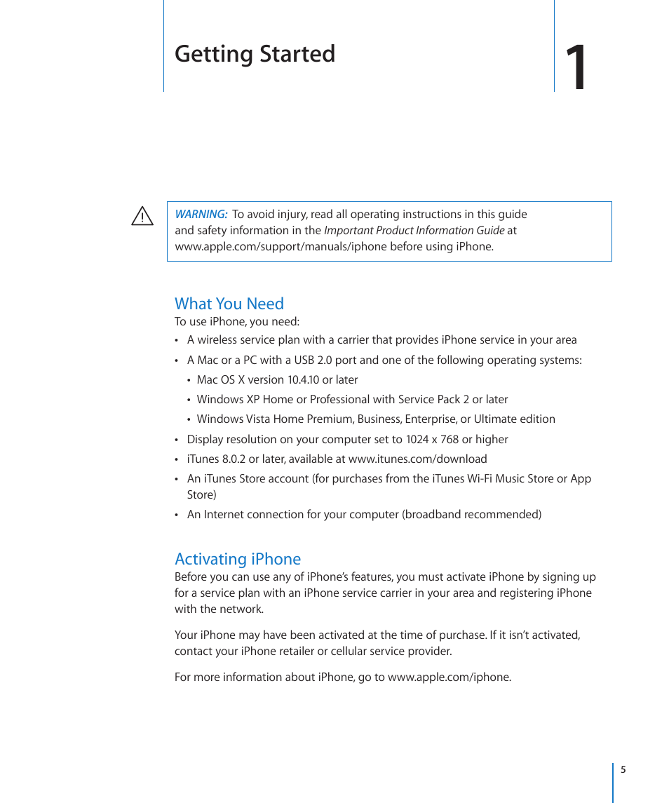 Chapter 1: getting started, What you need, Activating iphone | Getting started | Apple iPhone/iPhone 3G (User manual) User Manual | Page 5 / 154