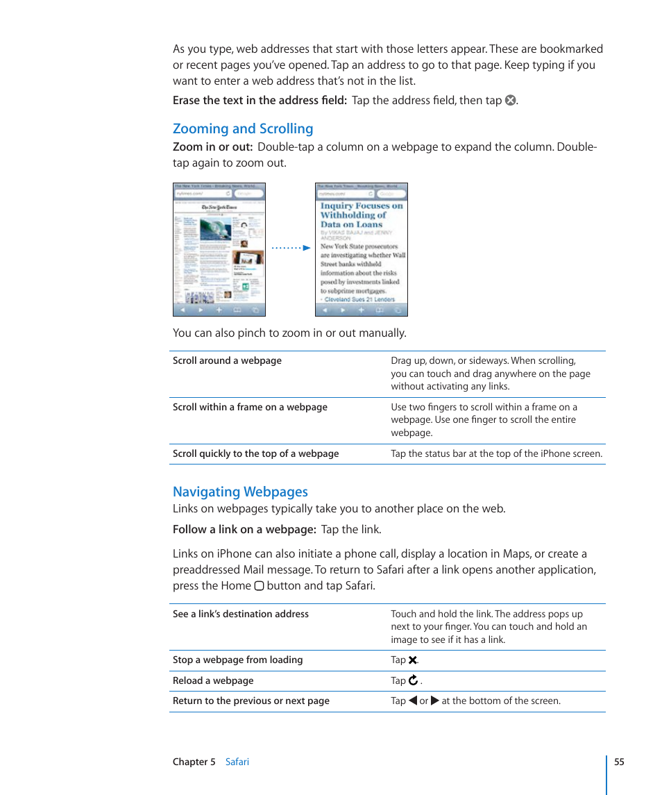 Zooming and scrolling, Navigating webpages | Apple iPhone/iPhone 3G (User manual) User Manual | Page 55 / 154