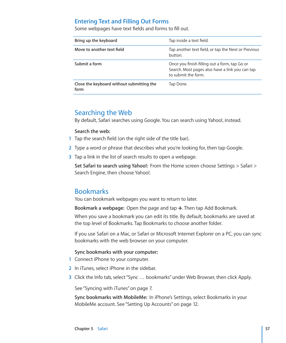 Searching the web, Bookmarks, Entering text and filling out forms | Apple iPhone/iPhone 3G (User manual) User Manual | Page 57 / 154