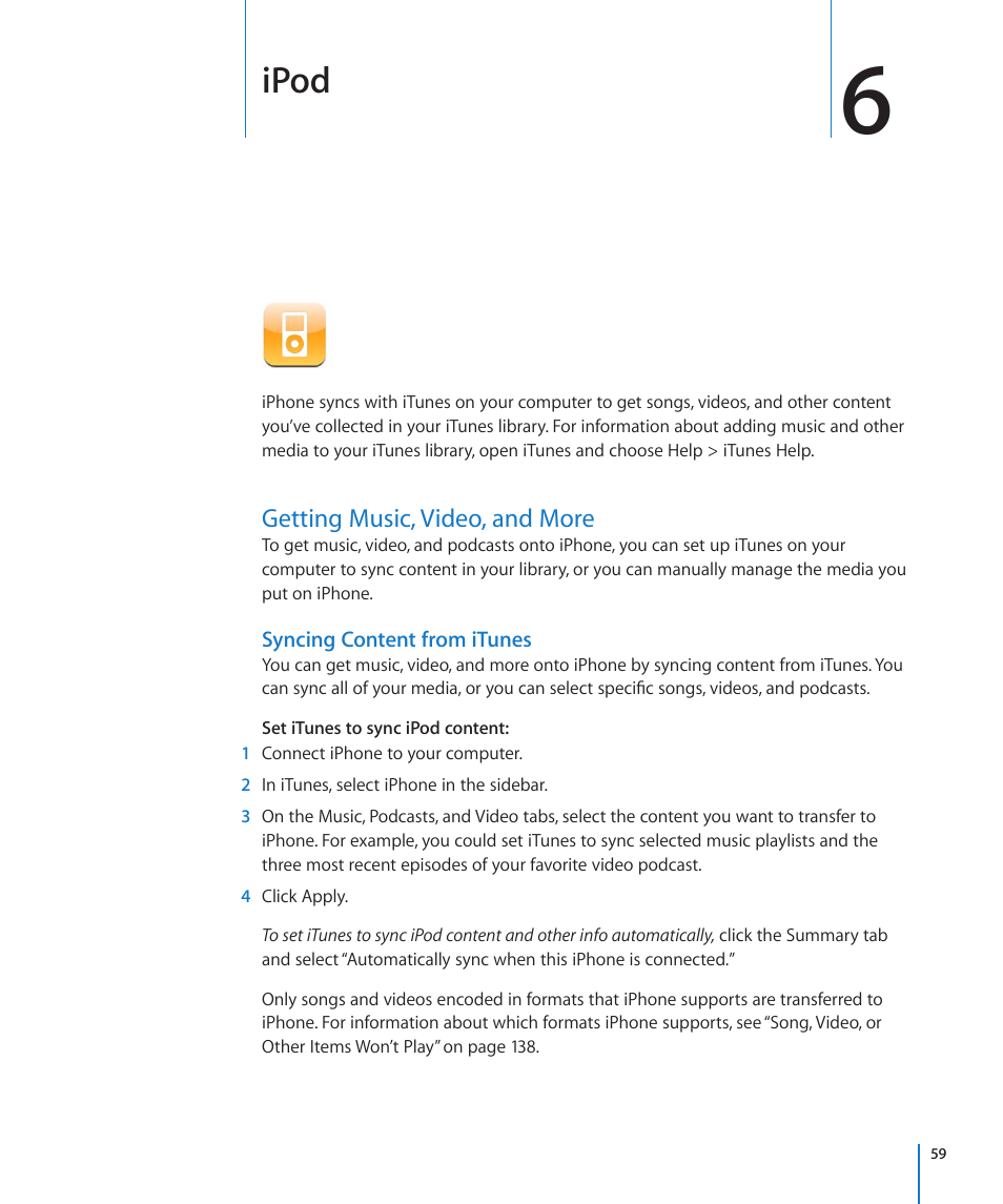 Chapter 6: ipod, Getting music, video, and more, Ipod | Apple iPhone/iPhone 3G (User manual) User Manual | Page 59 / 154