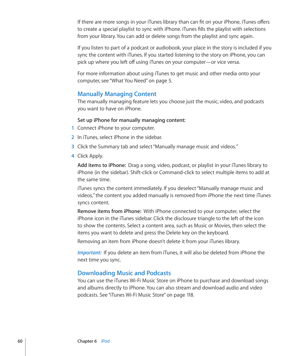 Manually managing content, Downloading music and podcasts | Apple iPhone/iPhone 3G (User manual) User Manual | Page 60 / 154
